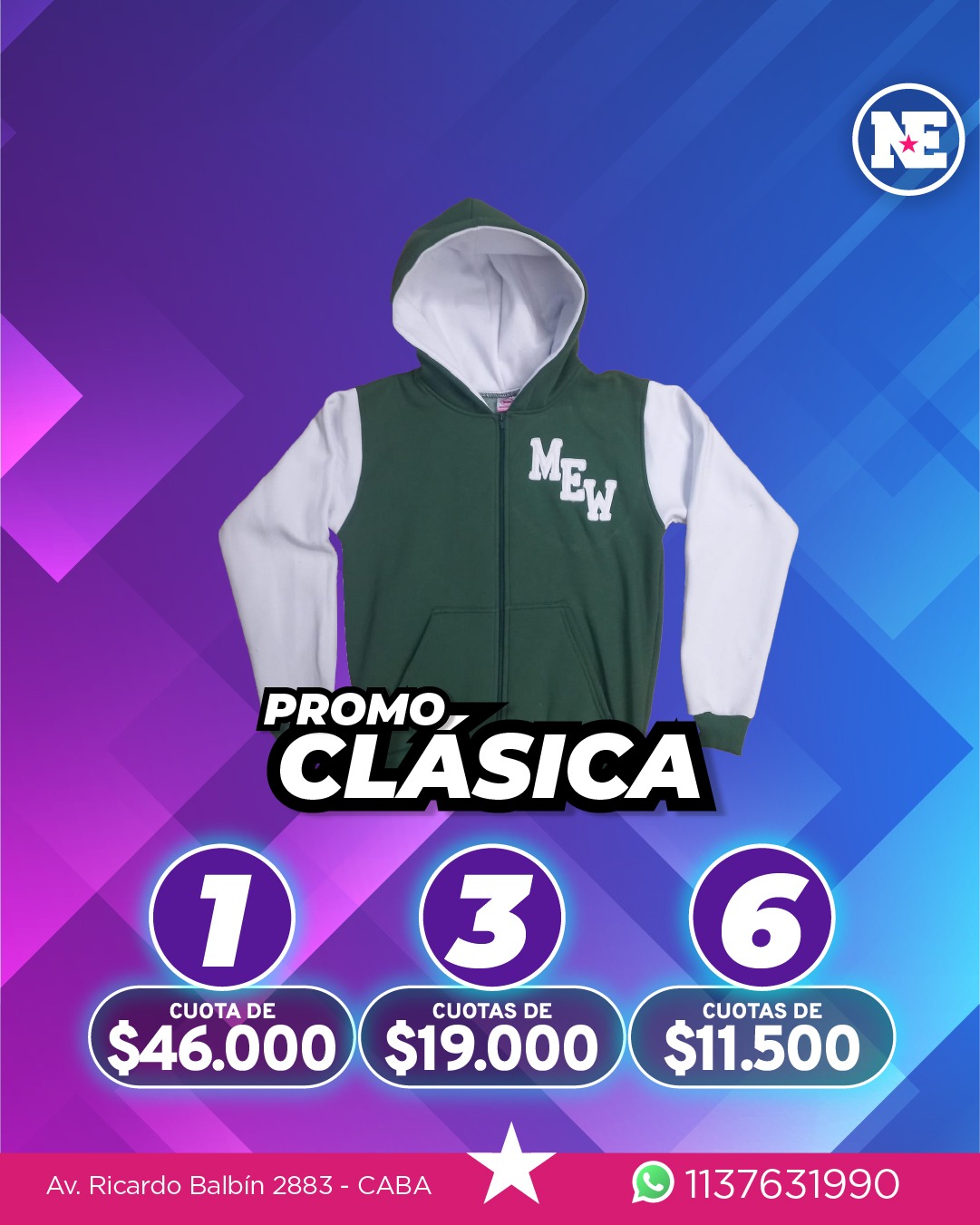 PROMO – CLASICA<br>Campera de algodón frisado, capucha forrada, 1 aplique al frente + 3 bordados en la espalda. Colores a elección.
