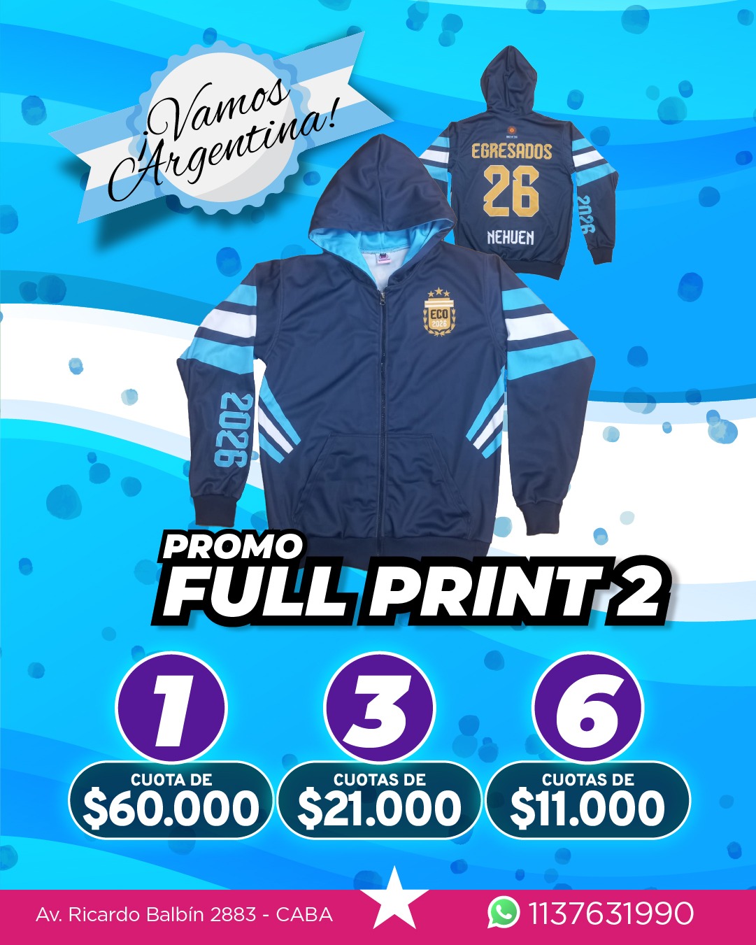 PROMO – FULL PRINT<br>Campera de acetato/deportivo frisado sublimada completa. Inscripciones sublimadas a elección + apodo bordado. Diseño a elección.