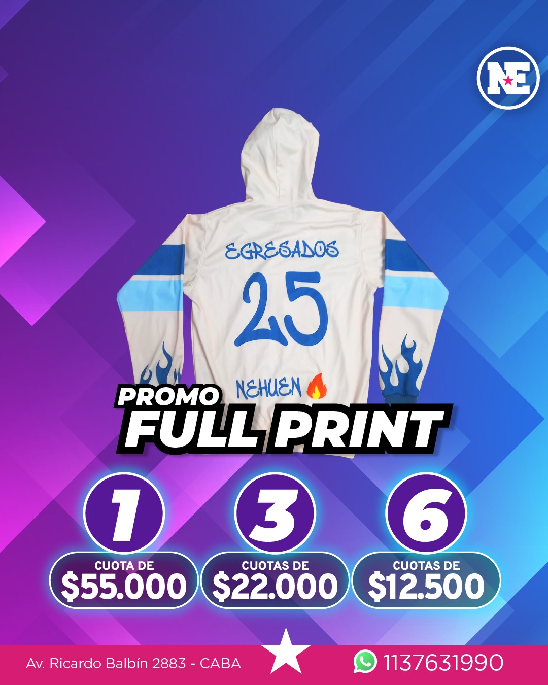 PROMO – FULL PRINT<br>Campera de acetato/deportivo frisado sublimada completa. Inscripciones sublimadas a elección + apodo bordado. Diseño a elección.