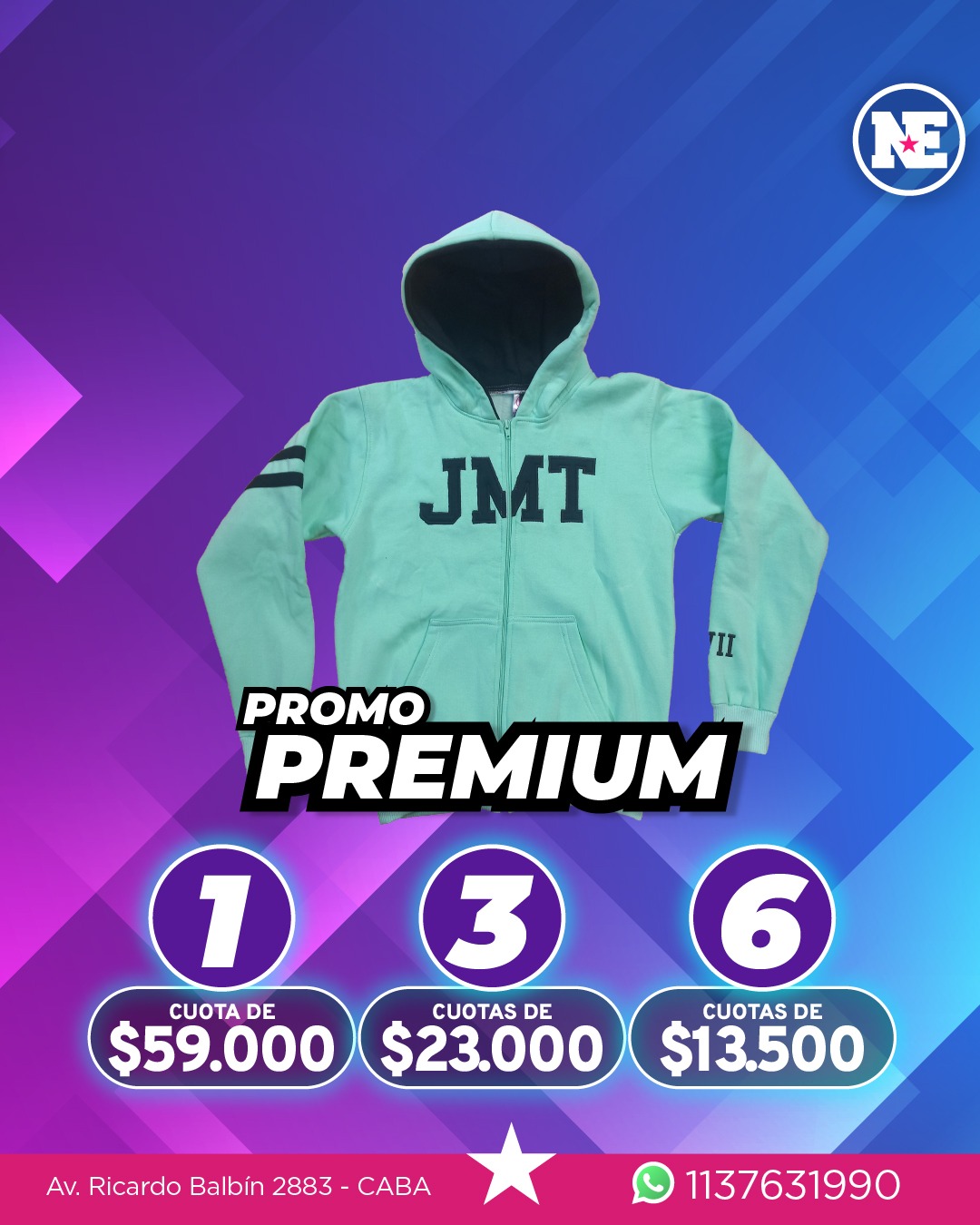 PROMO – PREMIUM<br>Campera de algodón frisado, capucha forrada + 2 apliques, 3 bordados y tiras en la manga. Colores a elección.