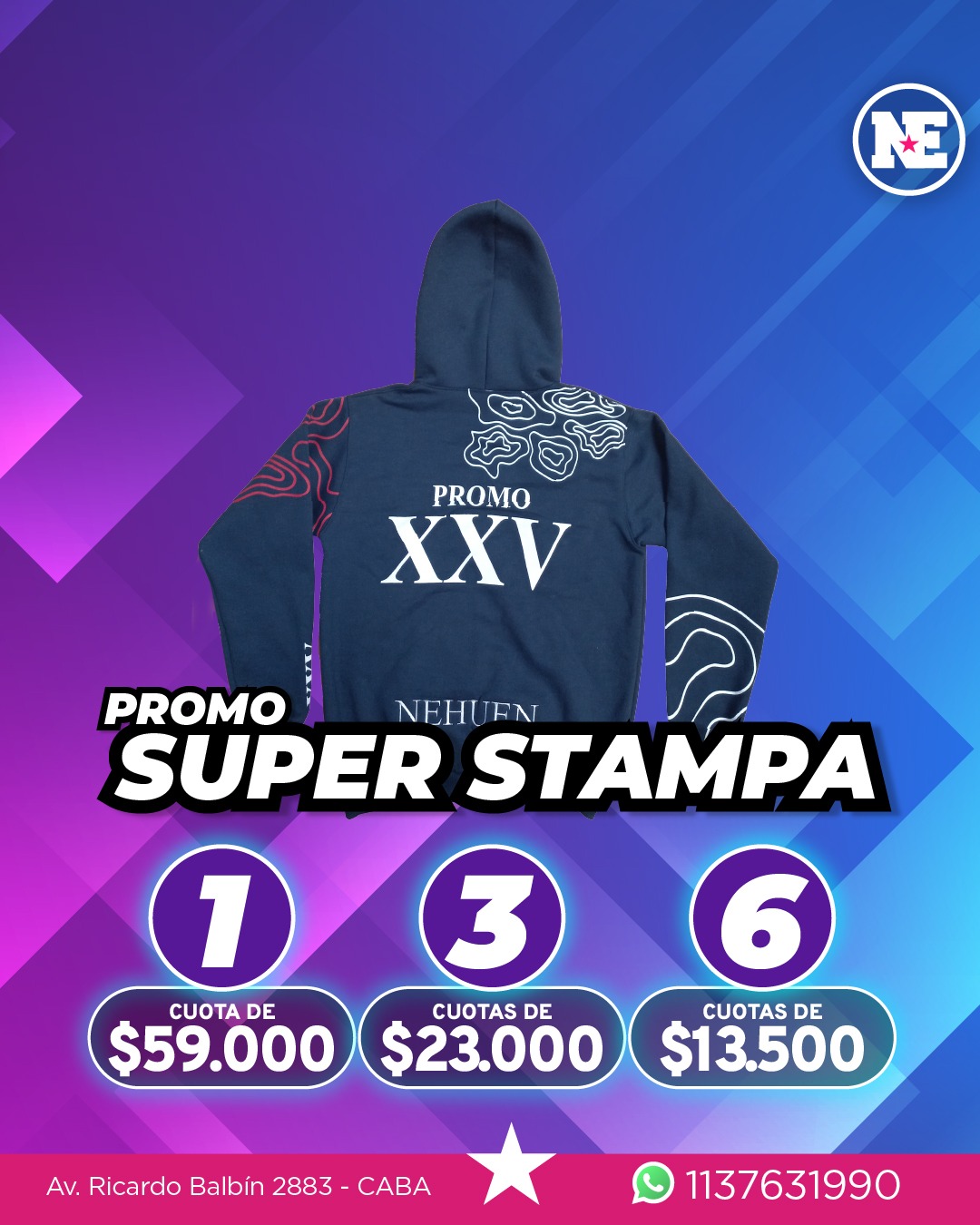 PROMO SUPER ESTAMPA<br>Buzo de algodón frisado con moldería especial en mangas para la estampa, capucha forrada, logo o nombre del colegio en serigrafía a 1 color en frente, palabra o frase en serigrafía a 1 color en espalda (tipografía, palabra y color a elección), apodo bordado