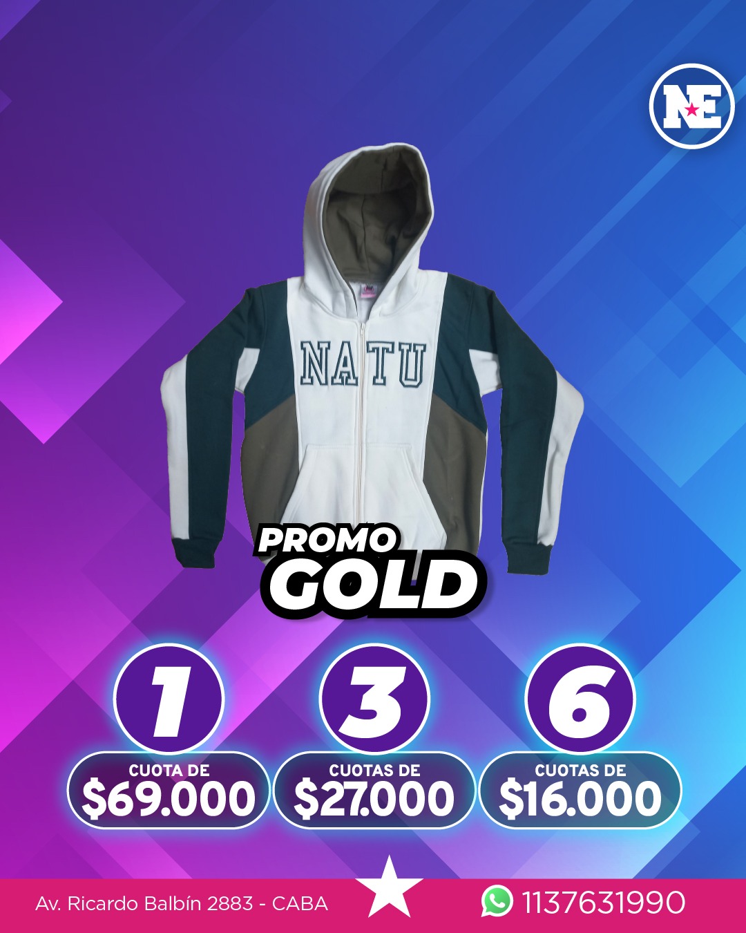 PROMO – GOLD<br>Campera de algodón frisado con recorte, capucha forrada + 2 apliques, 2 bordados, apodo bordado, diseño a elección.
