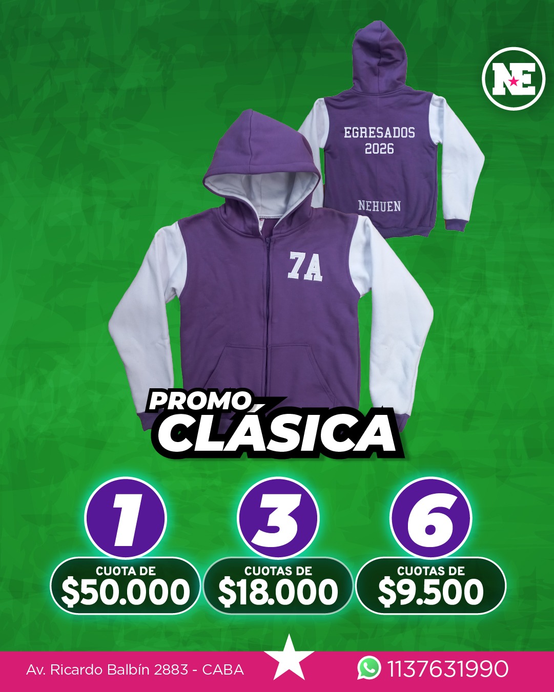 PROMO – CLASICA<br>Campera de algodón frisado, capucha forrada, 1 aplique al frente + 3 bordados en la espalda. Colores a elección.