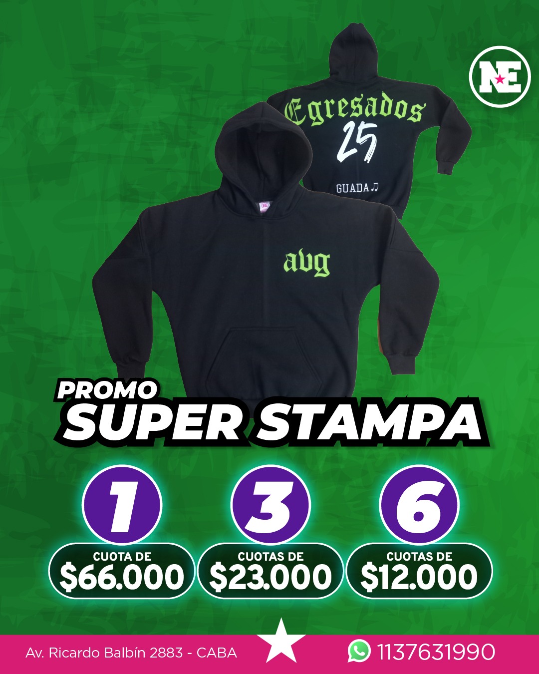 PROMO SUPER ESTAMPA<br>Buzo de algodón frisado con moldería especial en mangas para la estampa, capucha forrada, logo o nombre del colegio en serigrafía a 1 color en frente, palabra o frase en serigrafía a 1 color en espalda (tipografía, palabra y color a elección), apodo bordado