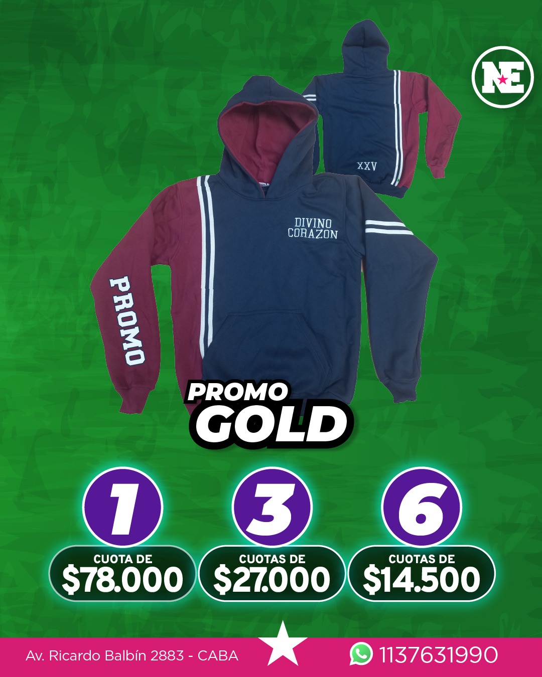 PROMO – GOLD<br>Campera de algodón frisado con recorte, capucha forrada + 2 apliques, 2 bordados, apodo bordado, diseño a elección.