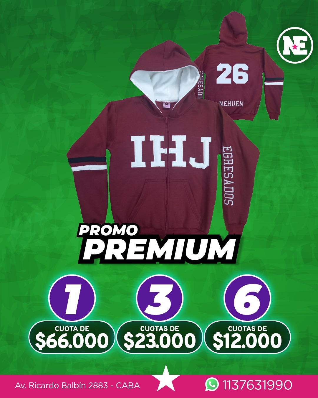 PROMO – PREMIUM<br>Campera de algodón frisado, capucha forrada + 2 apliques, 3 bordados y tiras en la manga. Colores a elección.