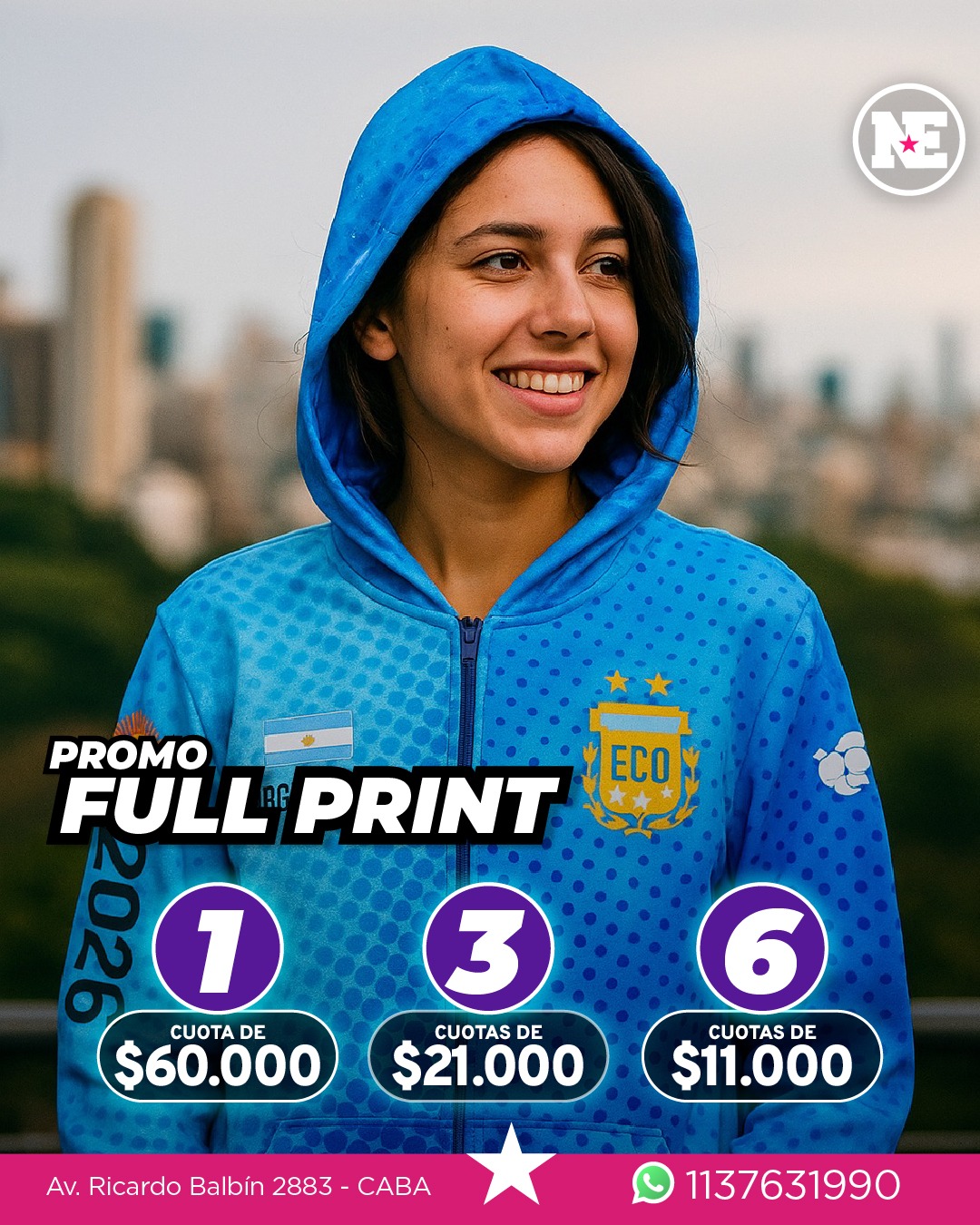 PROMO – FULL PRINT<br>Campera de acetato/deportivo frisado sublimada completa. Inscripciones sublimadas a elección + apodo bordado. Diseño a elección.
