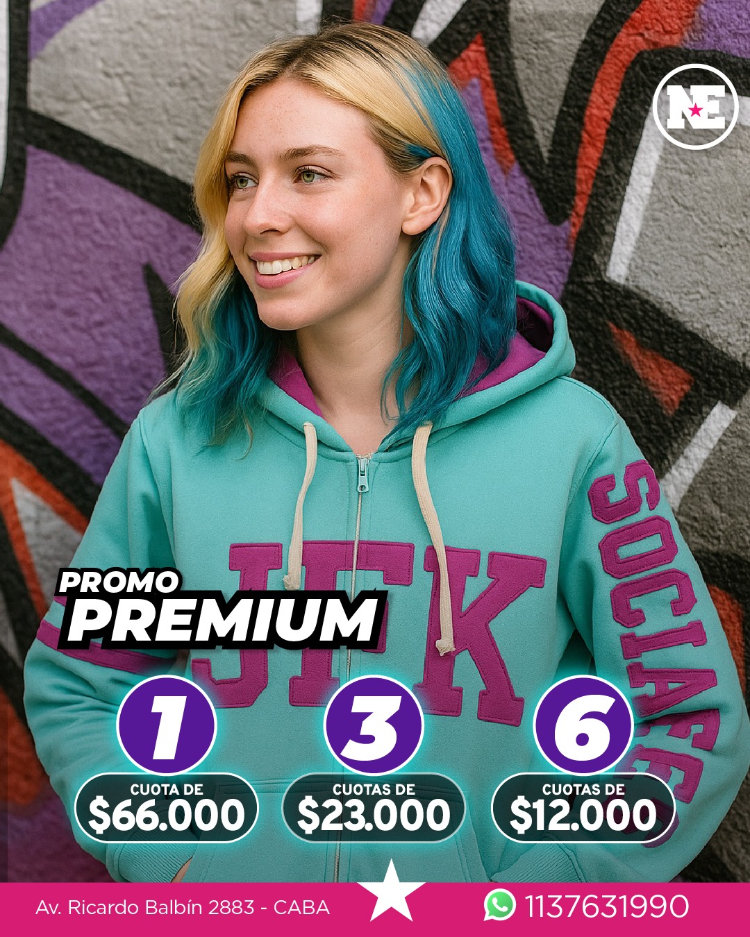 PROMO – PREMIUM<br>Campera de algodón frisado, capucha forrada + 2 apliques, 3 bordados y tiras en la manga. Colores a elección.