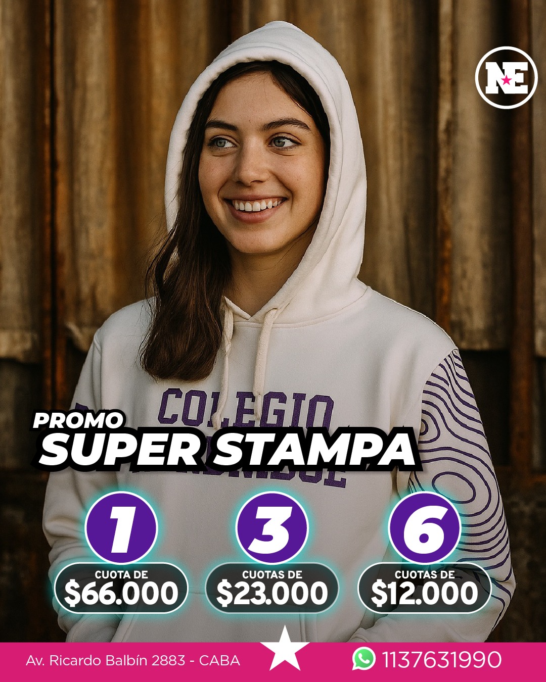 PROMO SUPER ESTAMPA<br>Buzo de algodón frisado con moldería especial en mangas para la estampa, capucha forrada, logo o nombre del colegio en serigrafía a 1 color en frente, palabra o frase en serigrafía a 1 color en espalda (tipografía, palabra y color a elección), apodo bordado