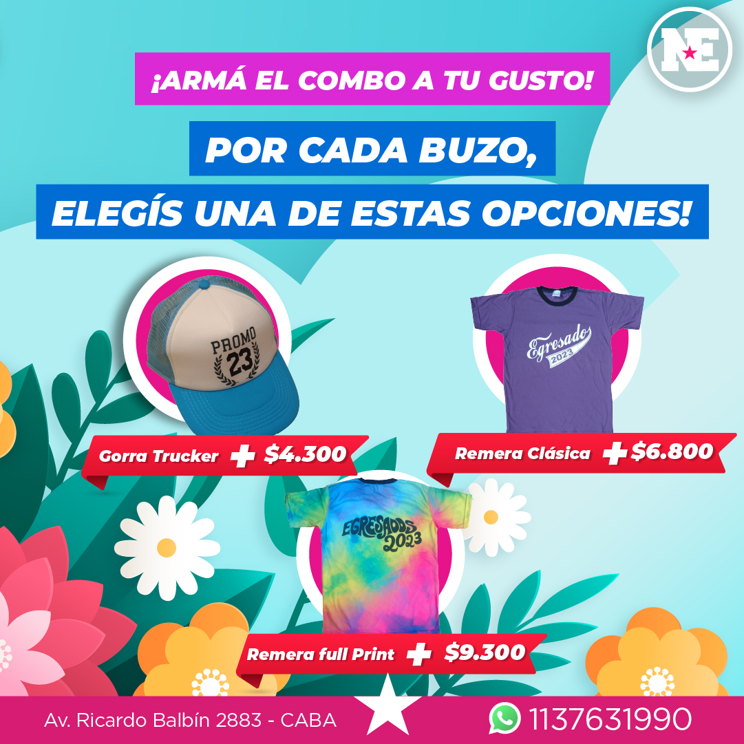 ARMÁ EL COMBO A TU GUSTO<br>Gorra Trucker - Con logo a elección sublimado. (*) Remera Clásica - En jersey de algodón con estampa a un color frente o espalda. Colores y logo a elección. (*) Remera full Print - En tela spum sublimada completa con inscripciones a elección.(*)Adicional a tu campera - Promoción válida hasta el 31 de Julio de 2023 para todos los pedidos a partir de 20 o más unidades (buzos o camperas). No aplica para pedidos que ya se encuentran en curso.