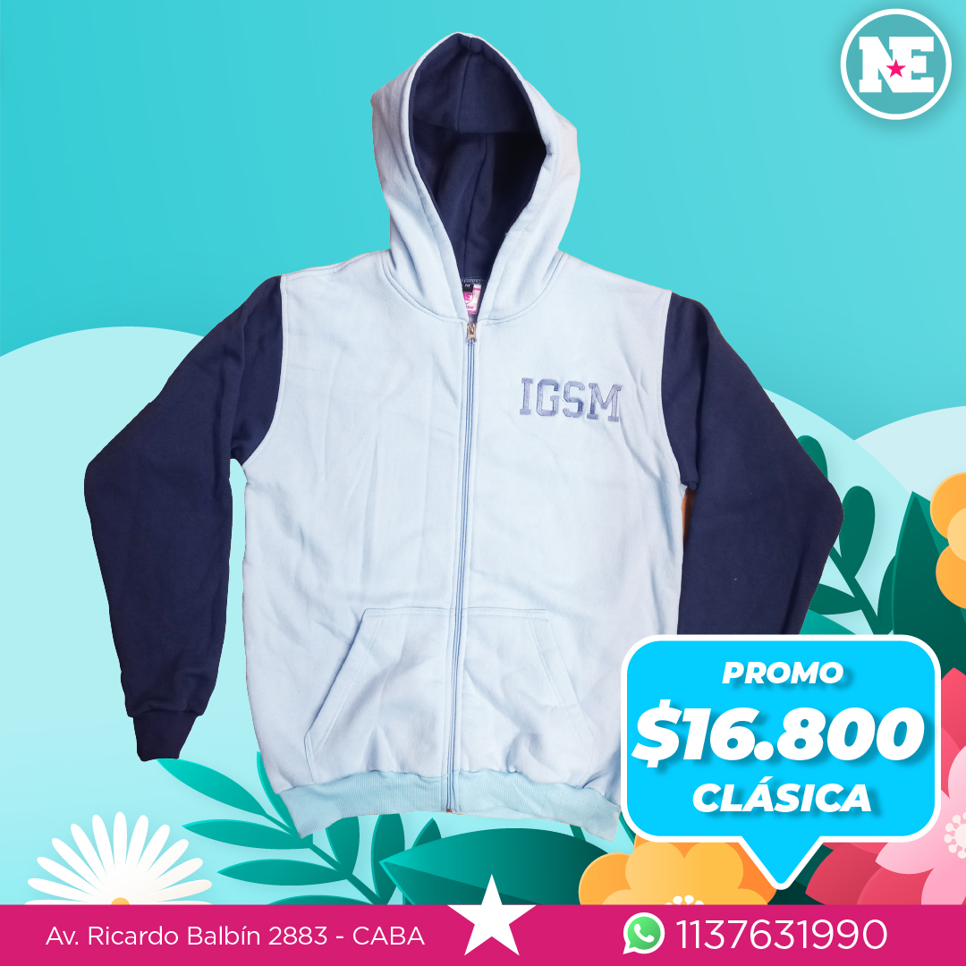 PROMO – CLASICA<br>Campera de algodón frisado, capucha forrada, 1 aplique al frente + 3 bordados en la espalda. Colores a elección.