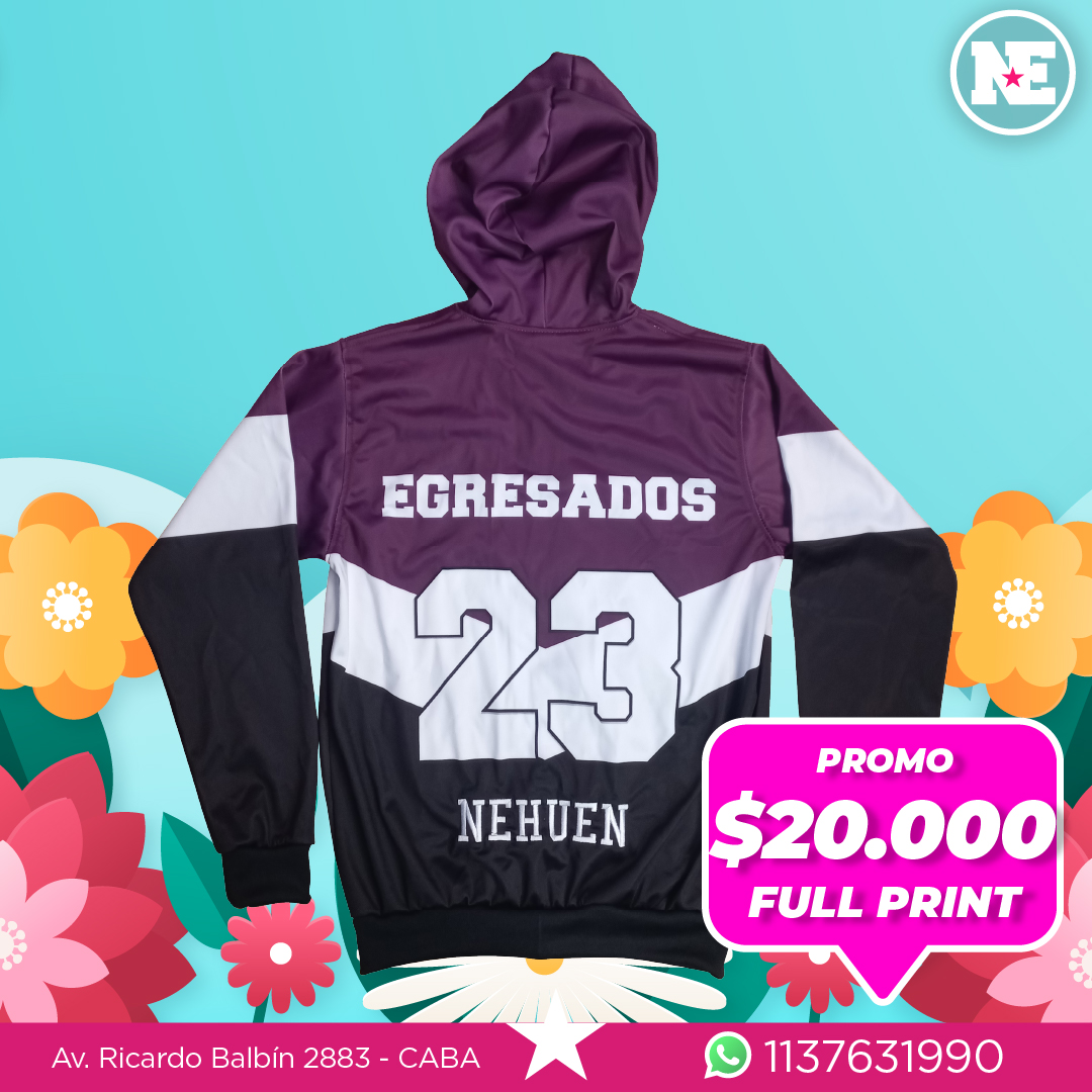 PROMO – FULL PRINT<br>Campera de acetato/deportivo frisado sublimada completa. Inscripciones sublimadas a elección + apodo bordado. Diseño a elección.