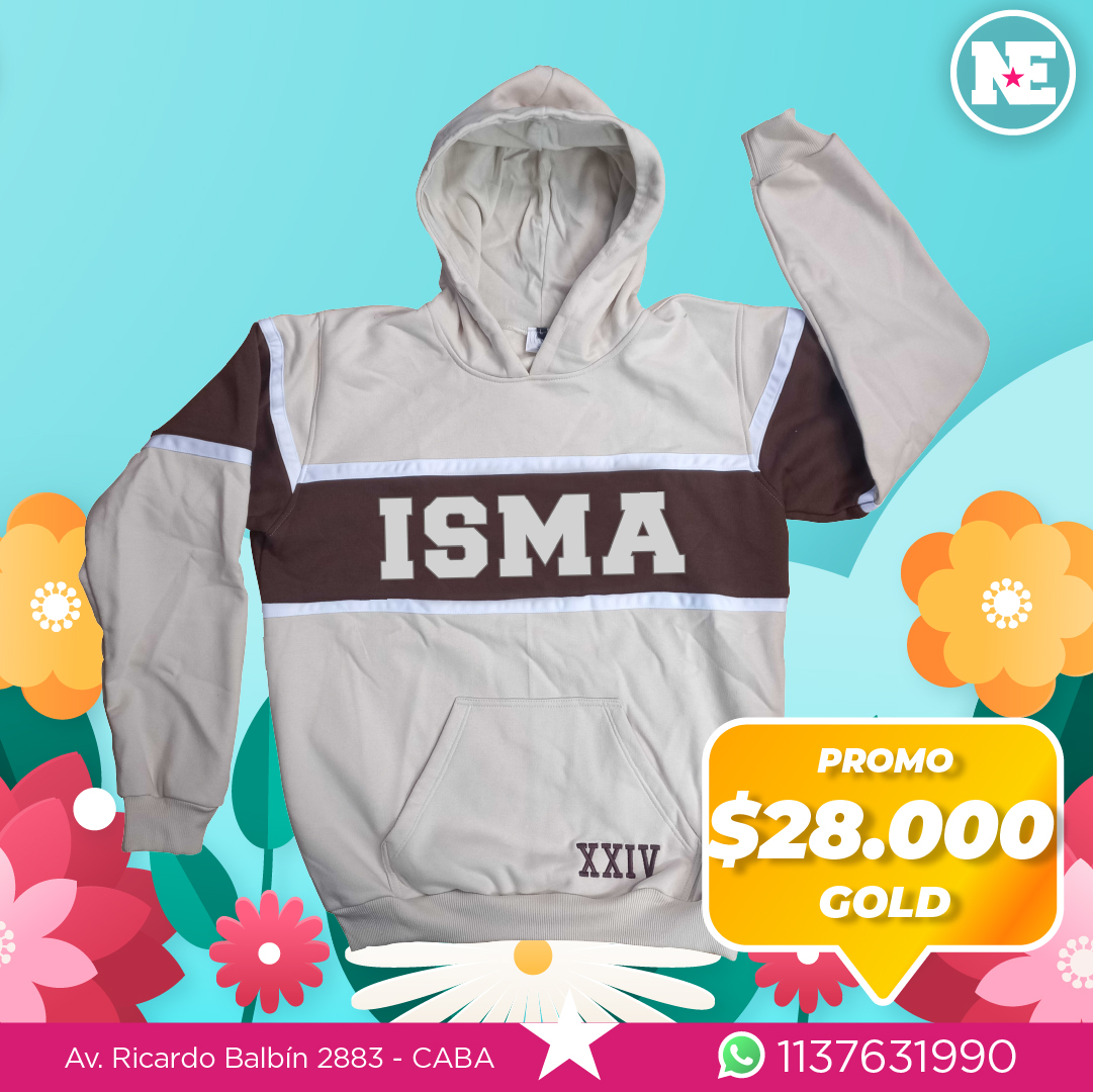 PROMO – GOLD<br>Campera de algodón frisado con recorte, capucha forrada + 1 apliques, logo, apodo bordado, diseño a elección.