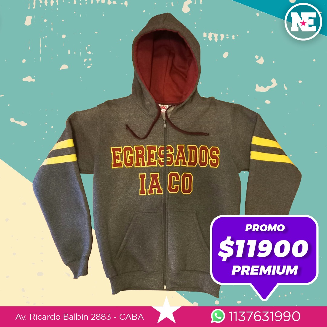 <span style="font-weight: bold; font-size: 120%">PROMO – PREMIUM $11900</span><br>Campera de algodón frisado, capucha forrada + 2 apliques, 3 bordados y tiras en la manga. Colores a elección.