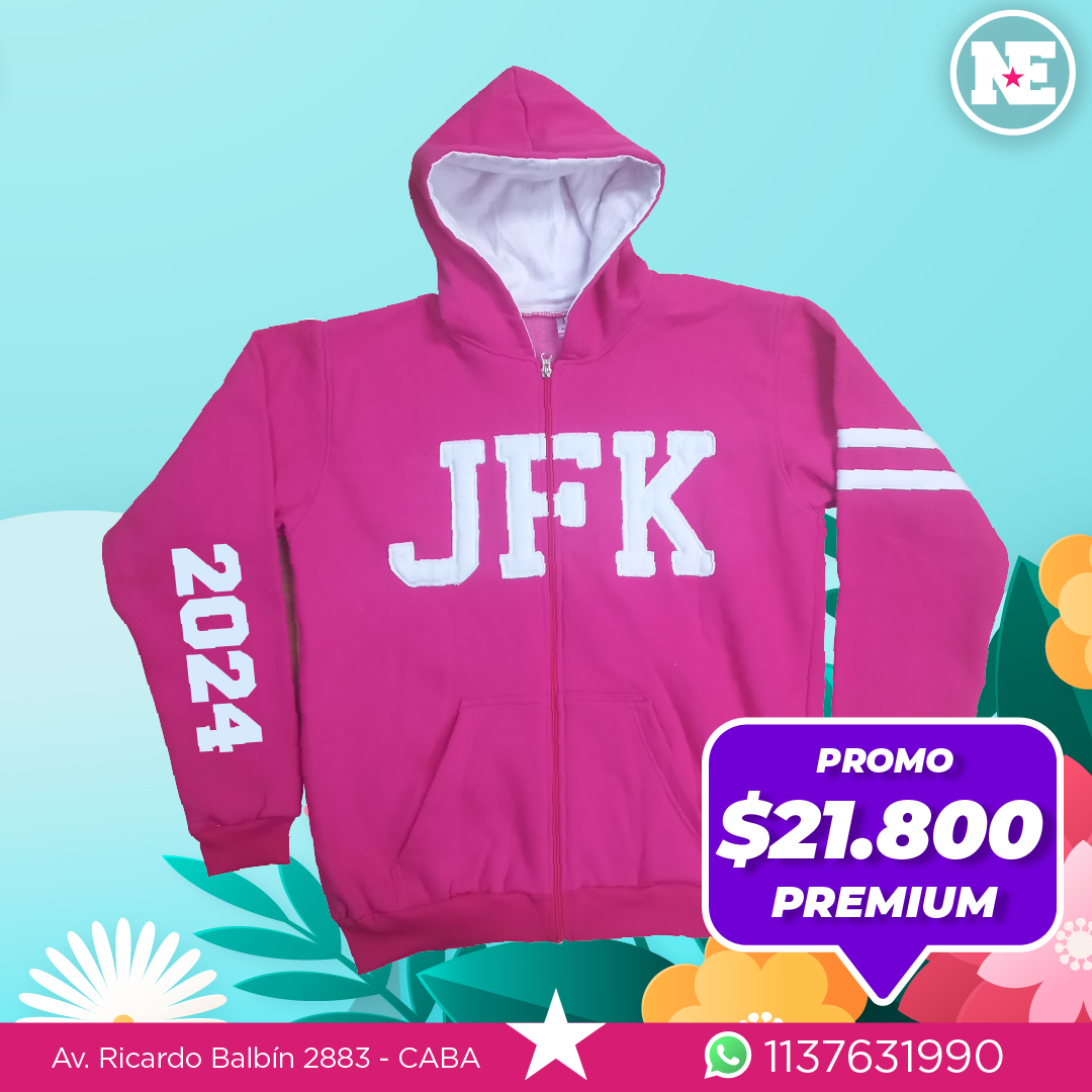 PROMO – PREMIUM<br>Campera de algodón frisado, capucha forrada + 2 apliques, 3 bordados y tiras en la manga. Colores a elección.